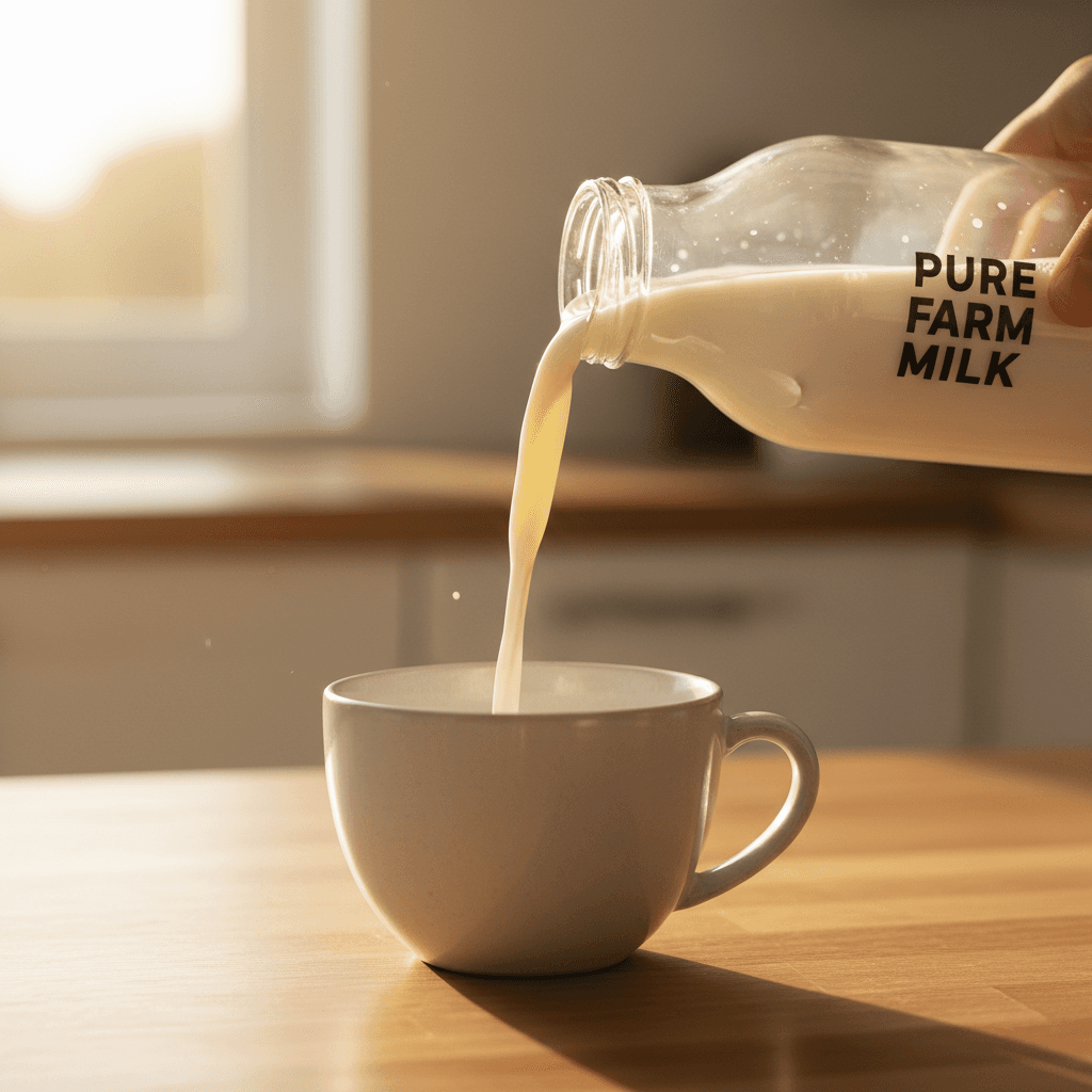Organic almond milk bottle on kitchen counter